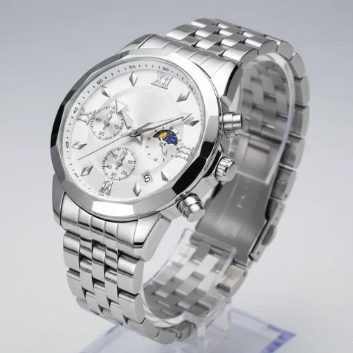 Silver Men’s Chronograph Watch –Moon Phase & Luminous Hands